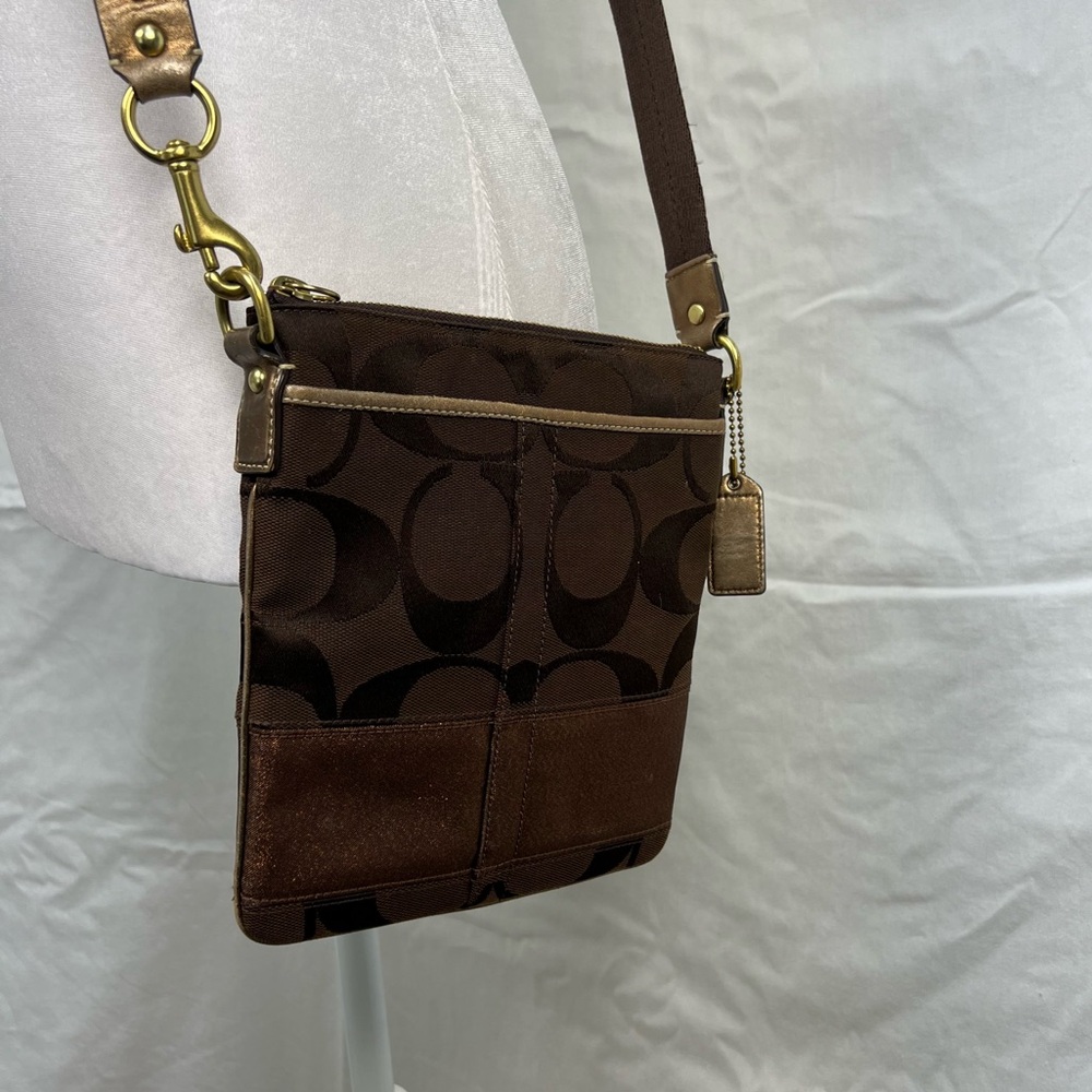 Coach chocolate brown and bronze crossbody with adjustable strap. - Picture 5 of 10